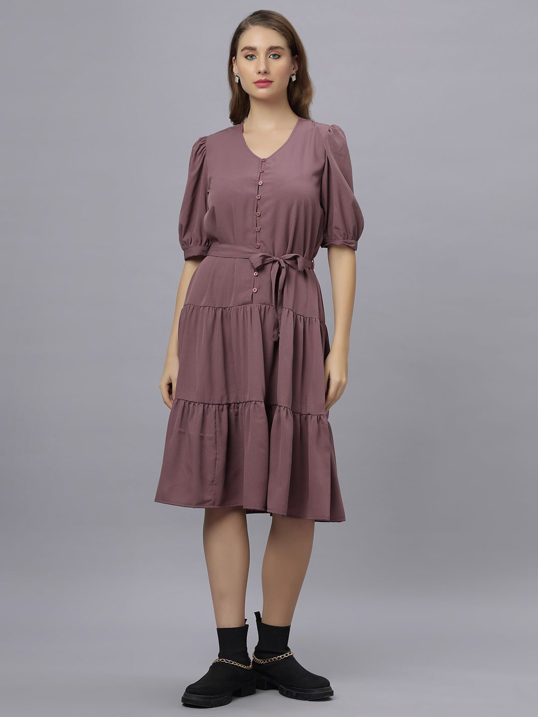 The Roadster Lifestyle Co Puff Sleeve Tiered Midi Dresses