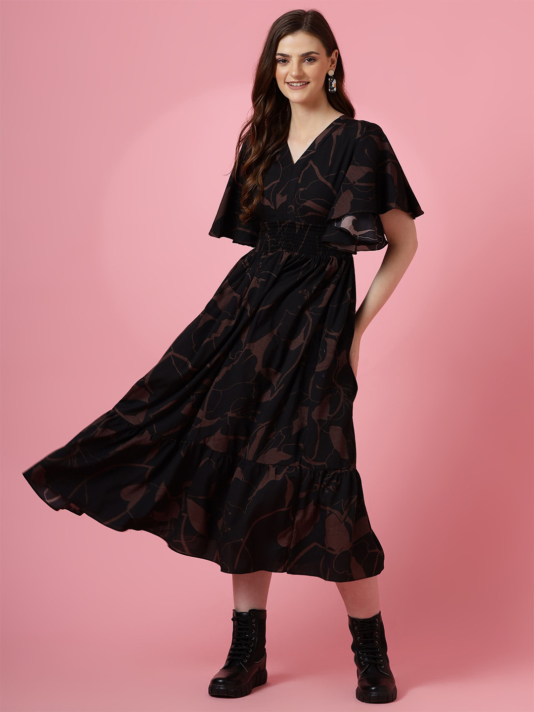 SHEETAL Associates Print Flared Sleeve Crepe Fit & Flare Maxi Dress