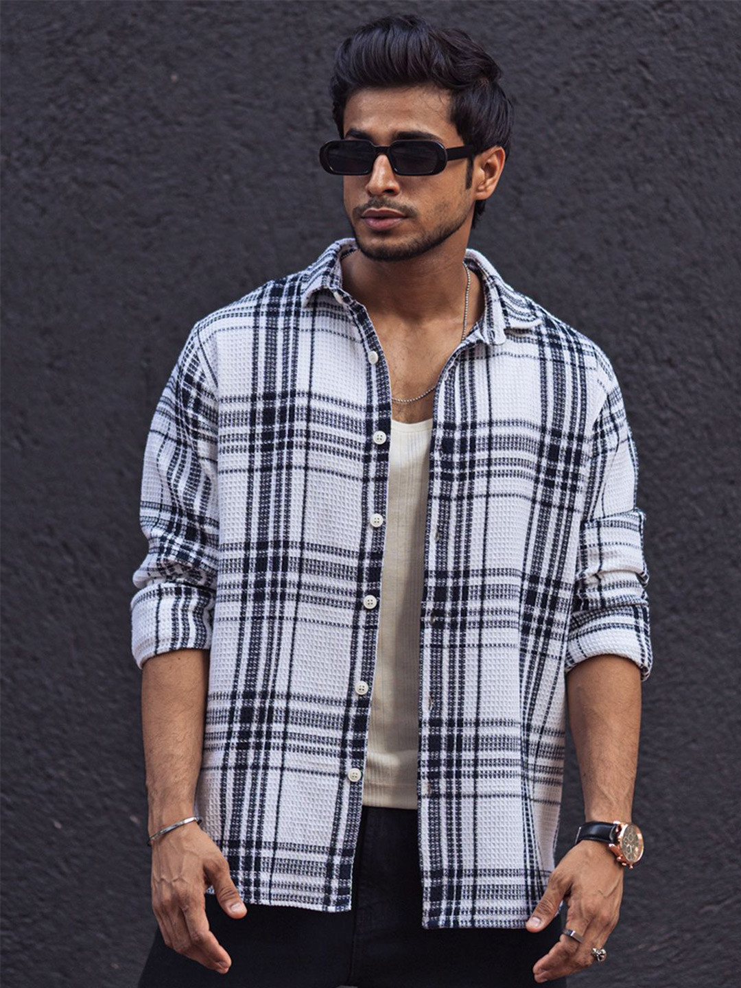 Powerlook Men Spread Collar Tartan Checked Cotton Canvas Casual Shirt