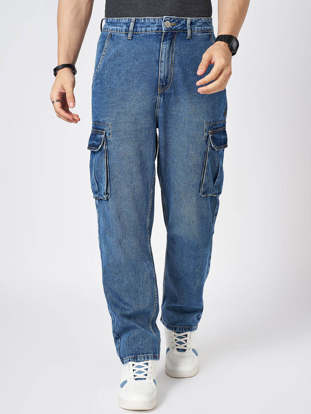 People Men Pure CottonMid-Rise Regular Fit Mildly Distressed Light Fade Cargo Styles Jeans