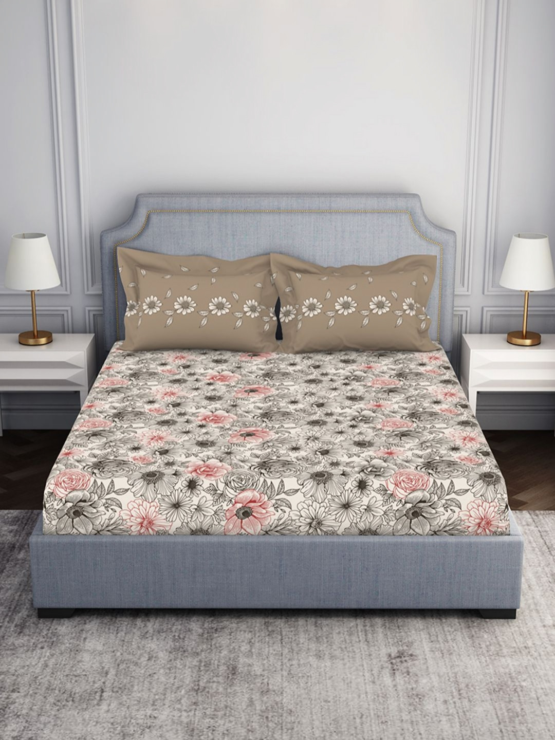 SPACES Cream Floral Cotton 144 TC Double Bedsheet with 2 Pillow Covers - 100 x 90 inches