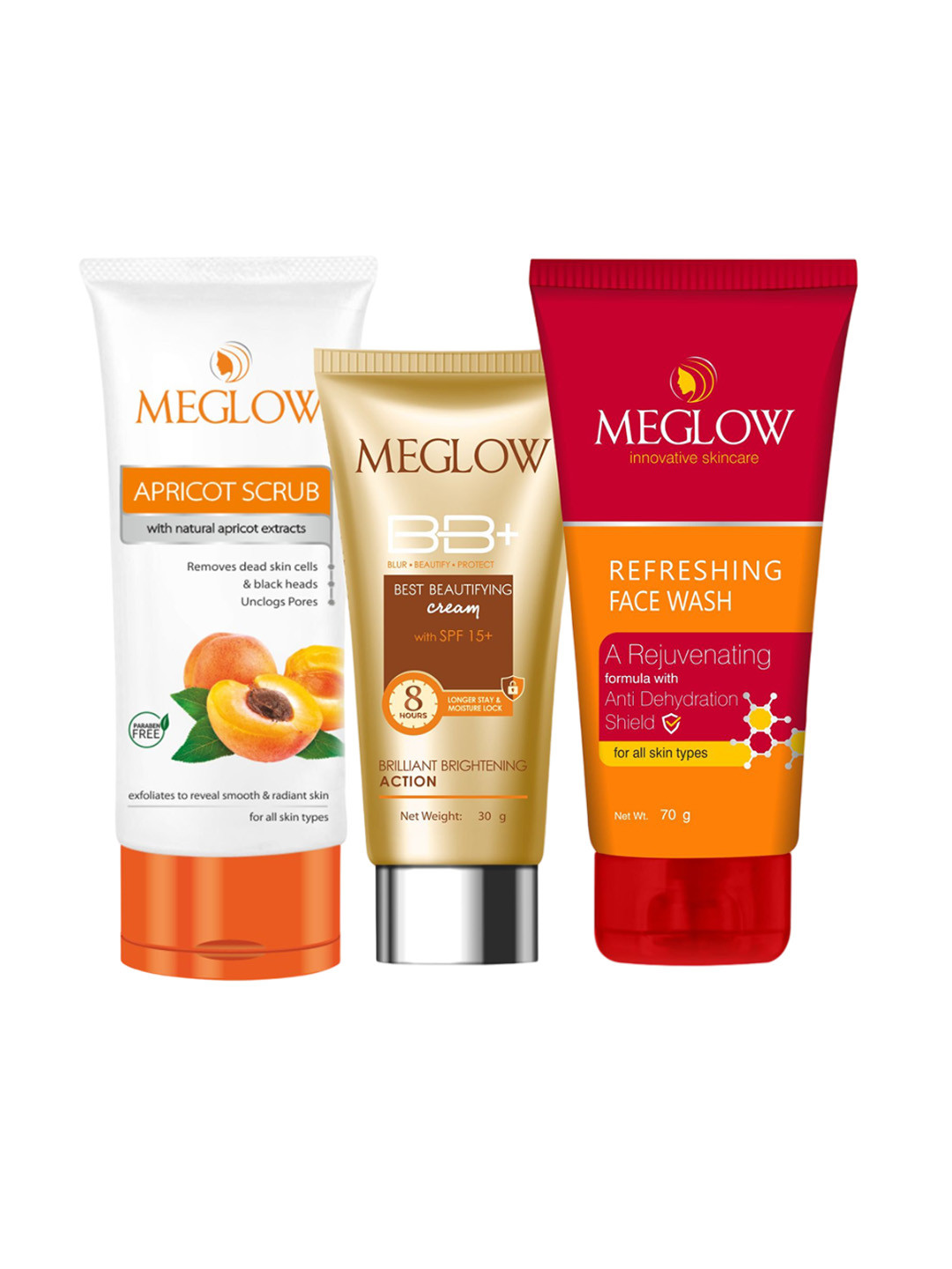 MEGLOW Set Of 3 BB+ Cream With Refreshing Facewash & Apricot Scrub Skin Care Combo