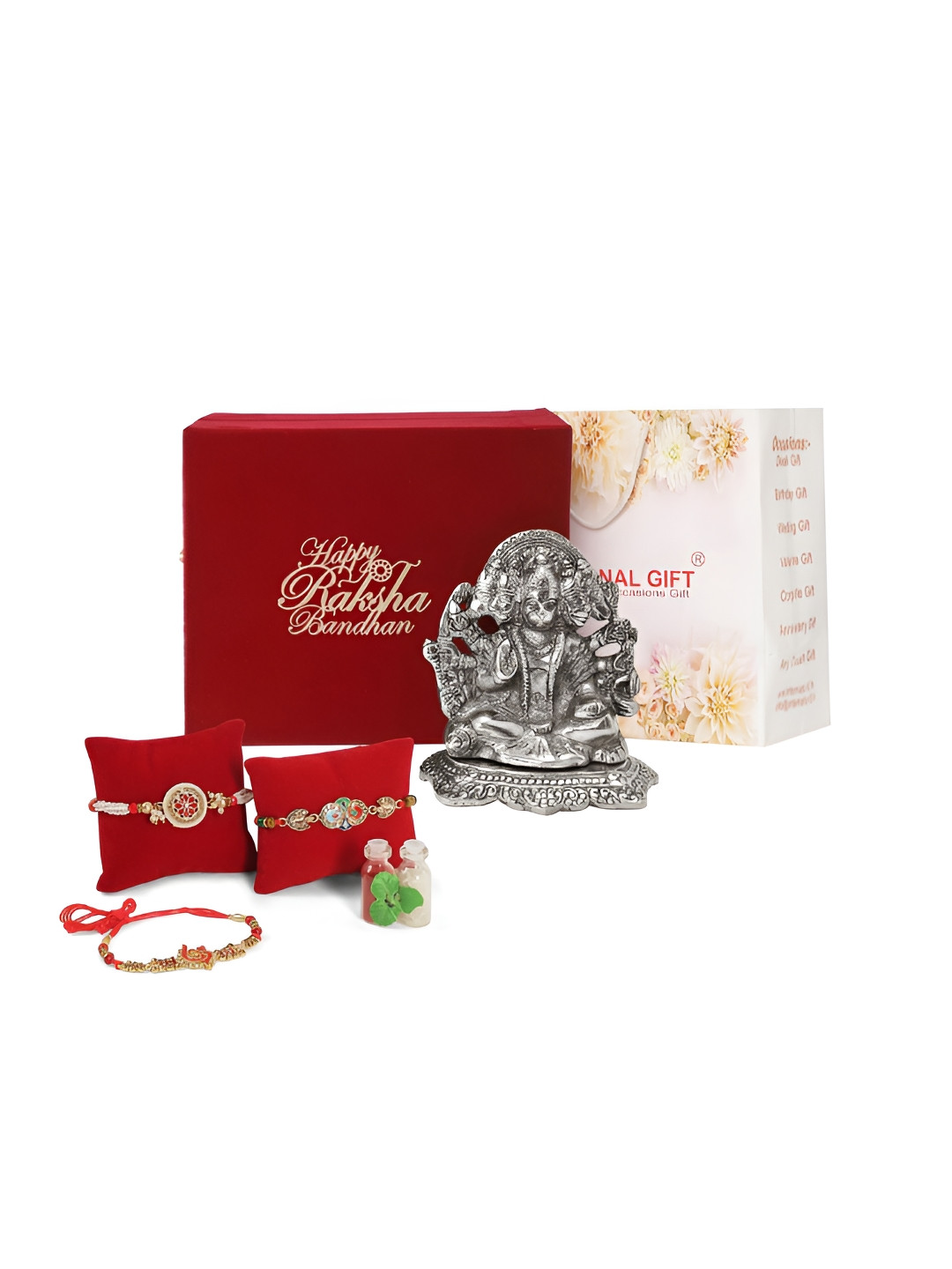 INTERNATIONAL GIFT Silver Toned 3 Pcs Rakhi With Panchmukhi Hanuman God Idol & Roli Chawal