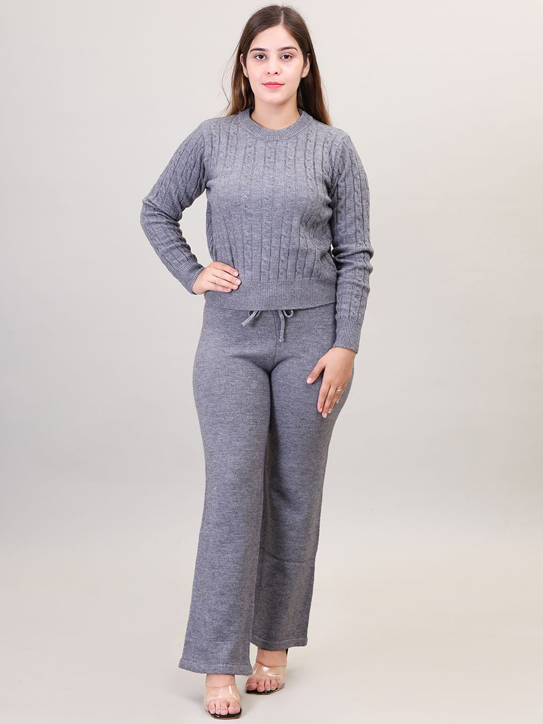 Camey Self Design Woolen Long Sleeve Sweater With Trouser
