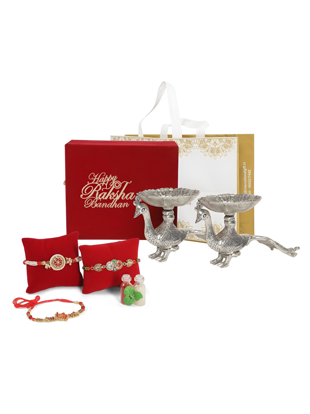 INTERNATIONAL GIFT Set Of 3 Rakhis With Silver Peacock Bowl Showpiece