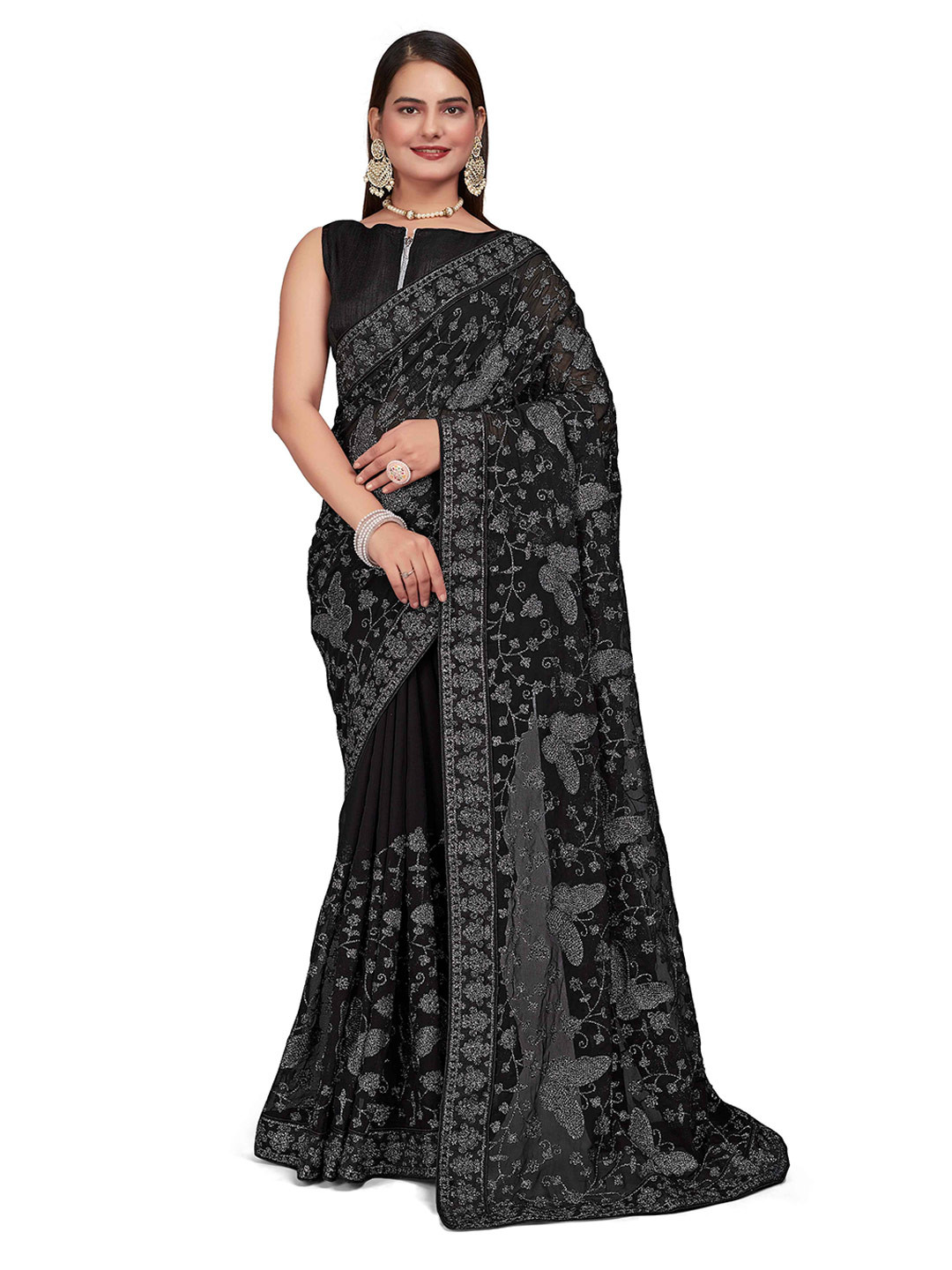 MANOHARI Embellished Embroidered Saree With Unstich Blouse Piece Party Wear