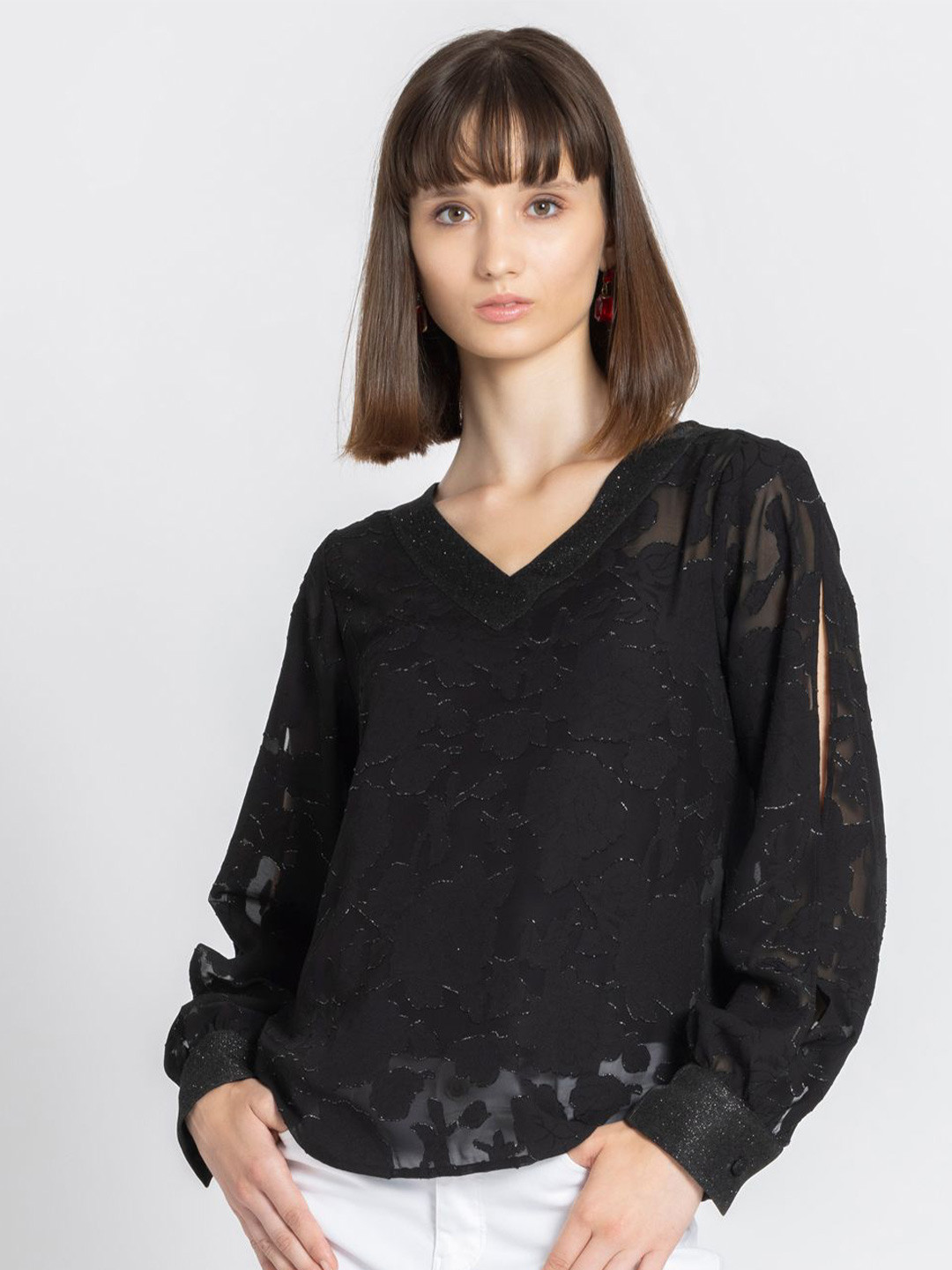 SHAYE Women Self Design V-Neck Top