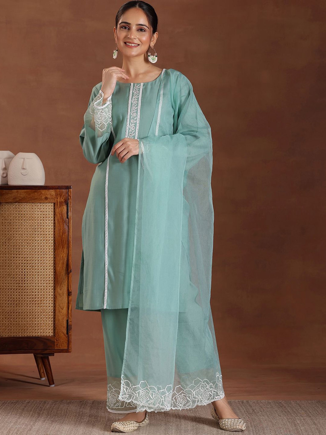 Libas Floral Embroidered Gotta Patti Straight Kurta With Palazzos & Dupatta - Kurta Sets for Women 30572884 | Myntra