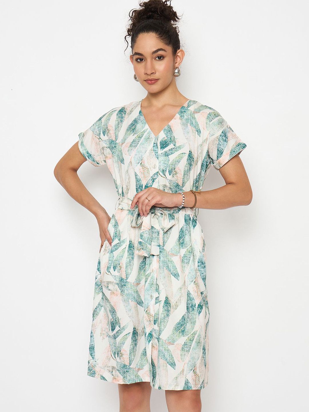 Color Cocktail Tropical Printed Shirt Dress