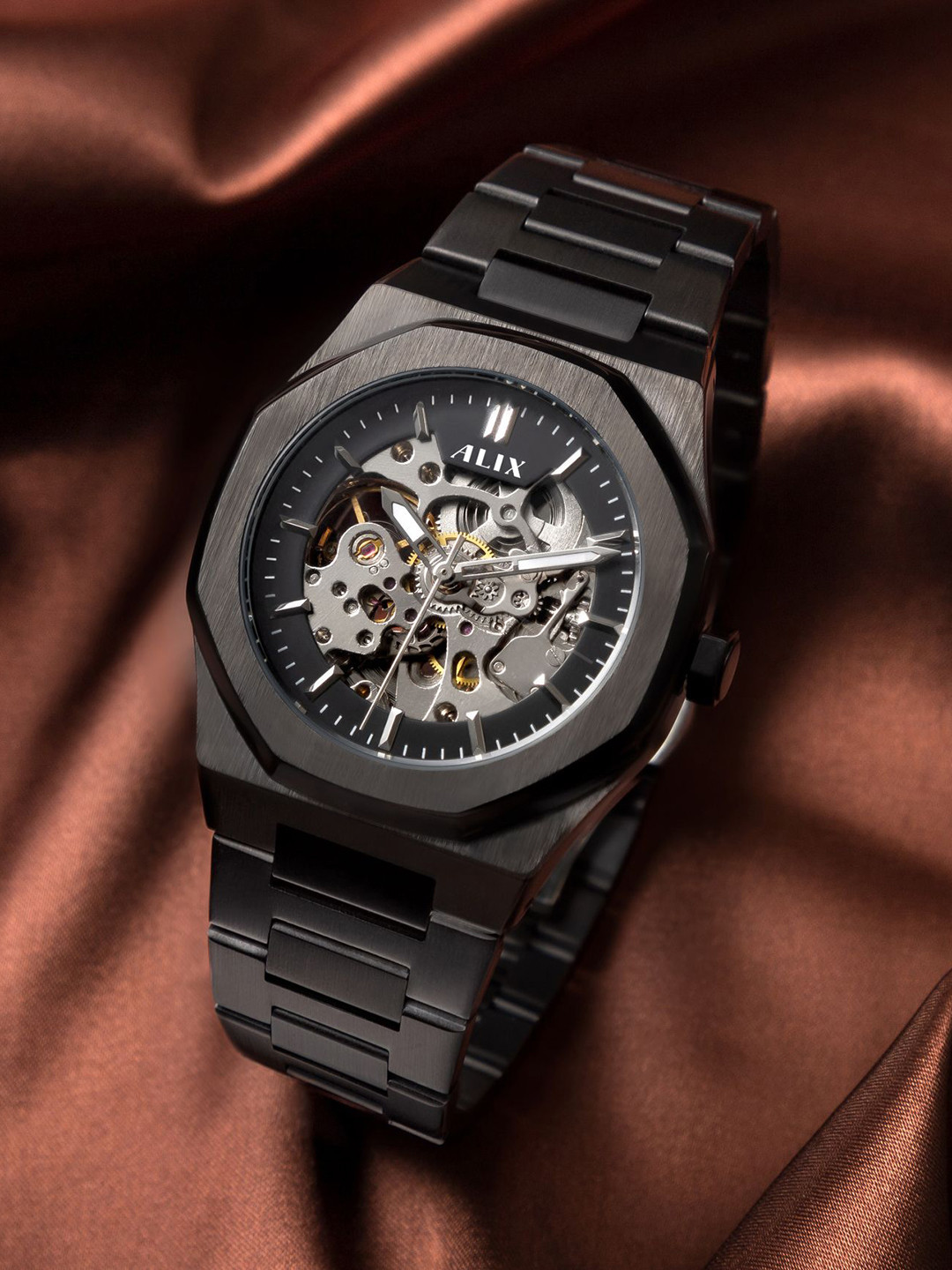 ALIX Men Skeleton Dial & Stainless Steel Bracelet Style Straps Analogue Motion Powered Watch AL2902 BB
