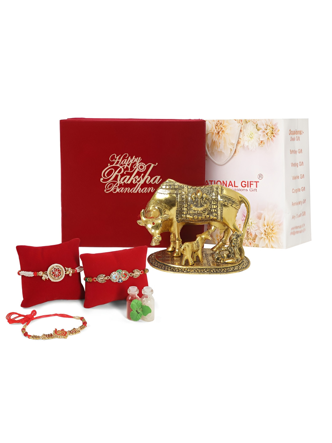 INTERNATIONAL GIFT Set Of 3 Rakhis With Kamdhenu Cow Statue Showpiece