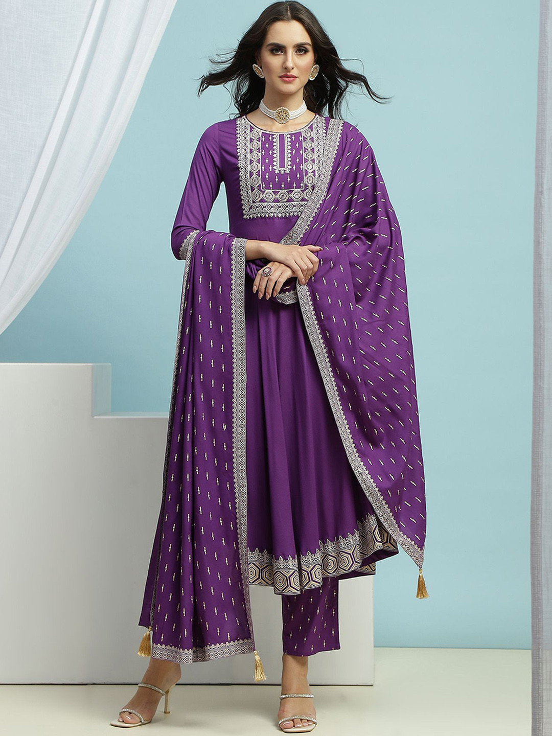 Khushal K Floral Embroidered Thread Work Kurta with Trousers & Dupatta