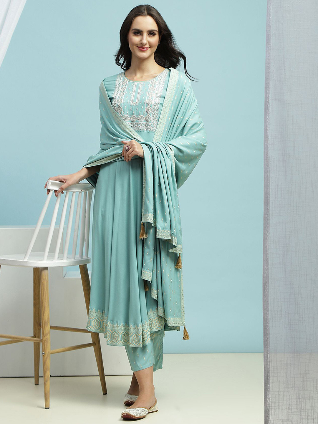 Khushal K Floral Yoke Design Sequinned Kurta with Trouser & Dupatta