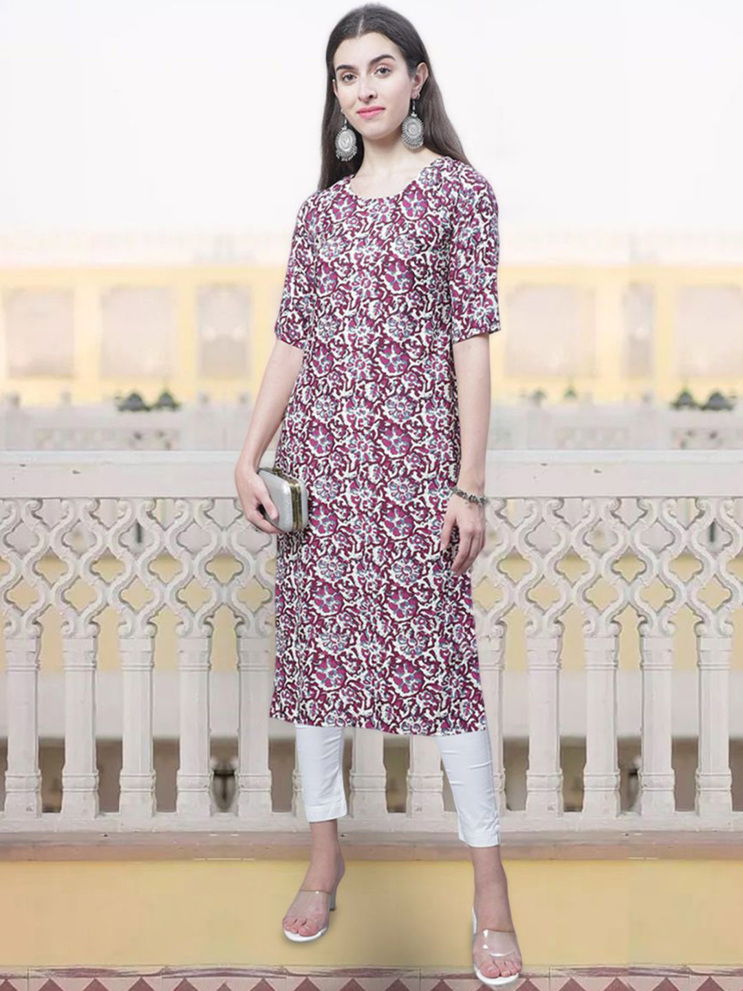 7Threads Women Geometric Yoke Design Floral Crepe Anarkali Kurta