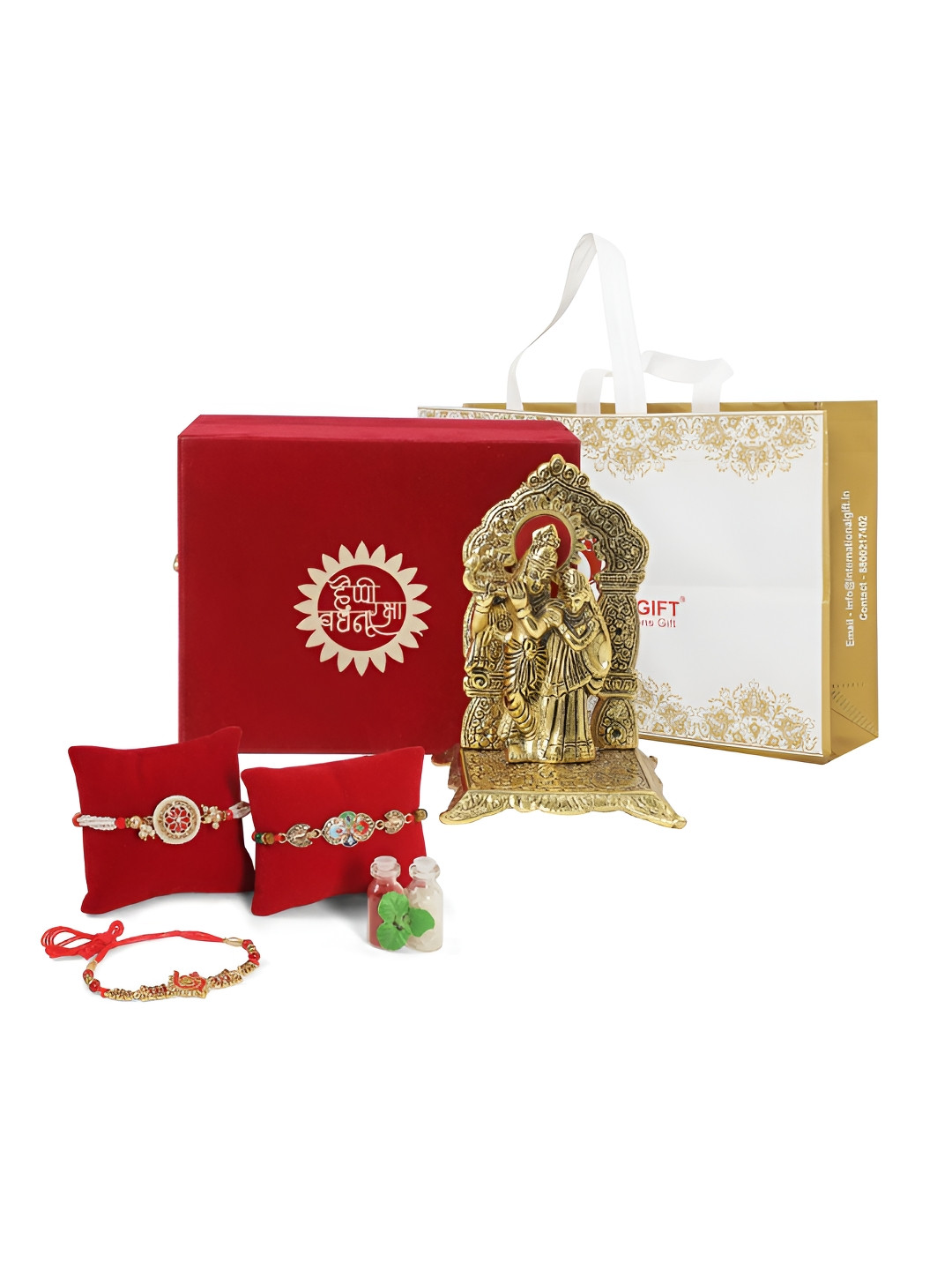 INTERNATIONAL GIFT Set Of 3 Rakhis With Golden Shree Radha Krishna Chowki Statue Showpiece