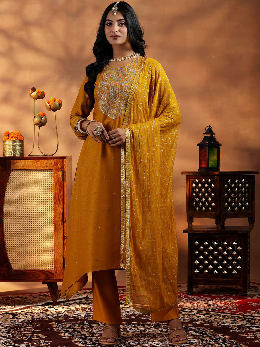 Gerua By Libas Floral Embroidered Sequinned Dobby Weave Straight Kurta With Trousers & Dupatta