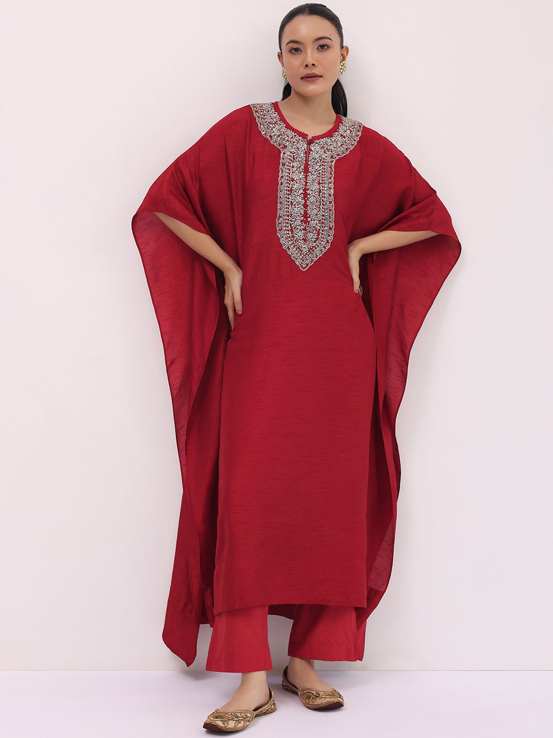 KALKI Fashion Floral Embroidered Sequinned Raw Silk Kaftan Kurta with Trousers