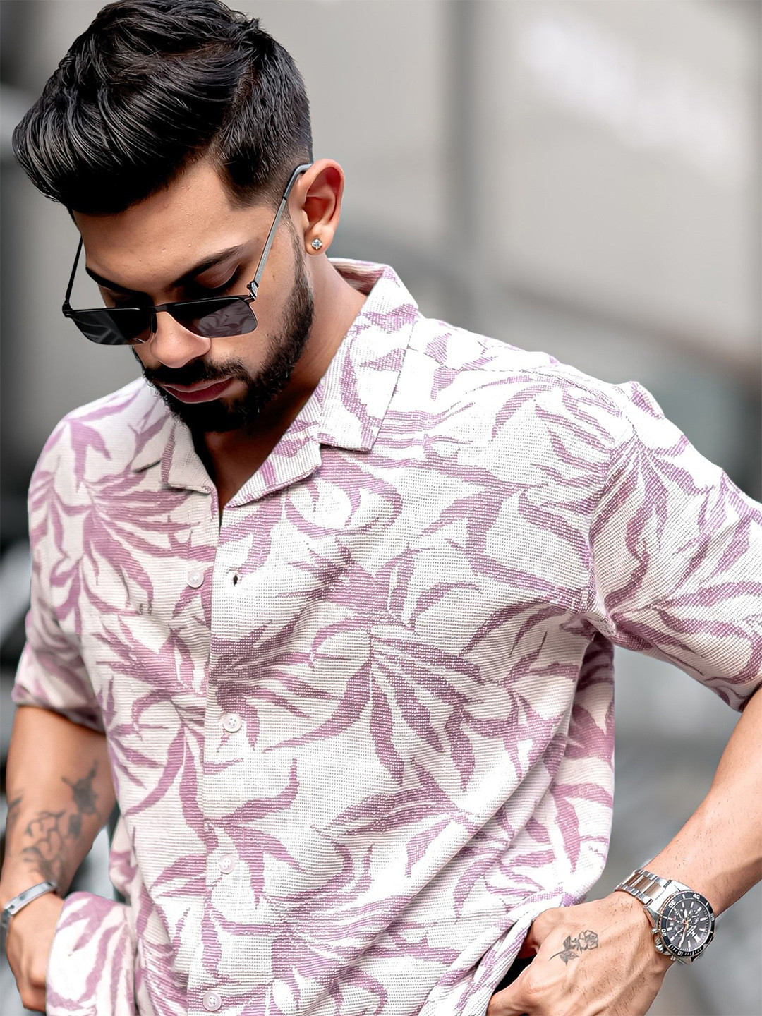 Maniac Men Comfort Cuban Collar Floral Printed Cotton Oversized Casual Shirt