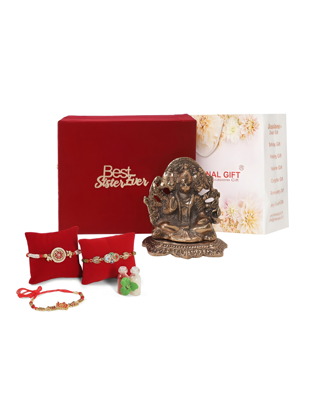 INTERNATIONAL GIFT Copper Toned 3 Pcs Thread Rakhi With Roli Chawal & Panchmukhi Hanuman