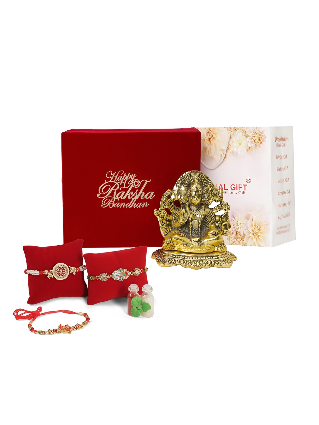 INTERNATIONAL GIFT Set Of 3 Rakhi With Gold Panchmukhi Hanuman & Roli Chawal
