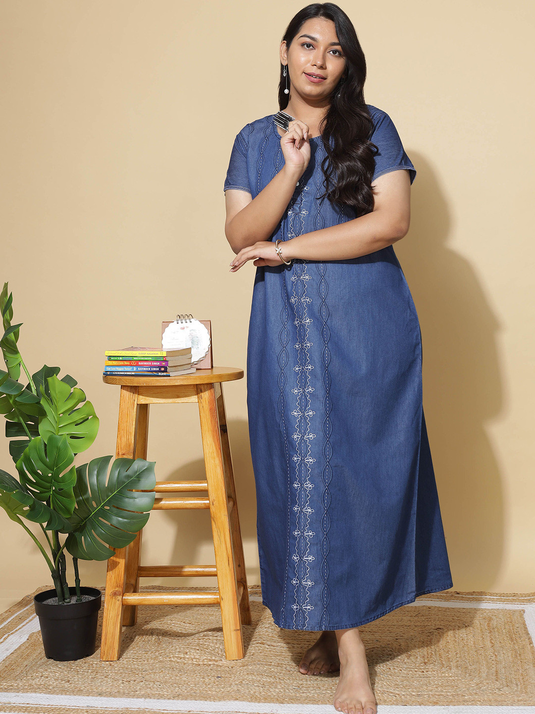 9shines Label Embroidered Pure Cotton Denim Maxi Nightdress