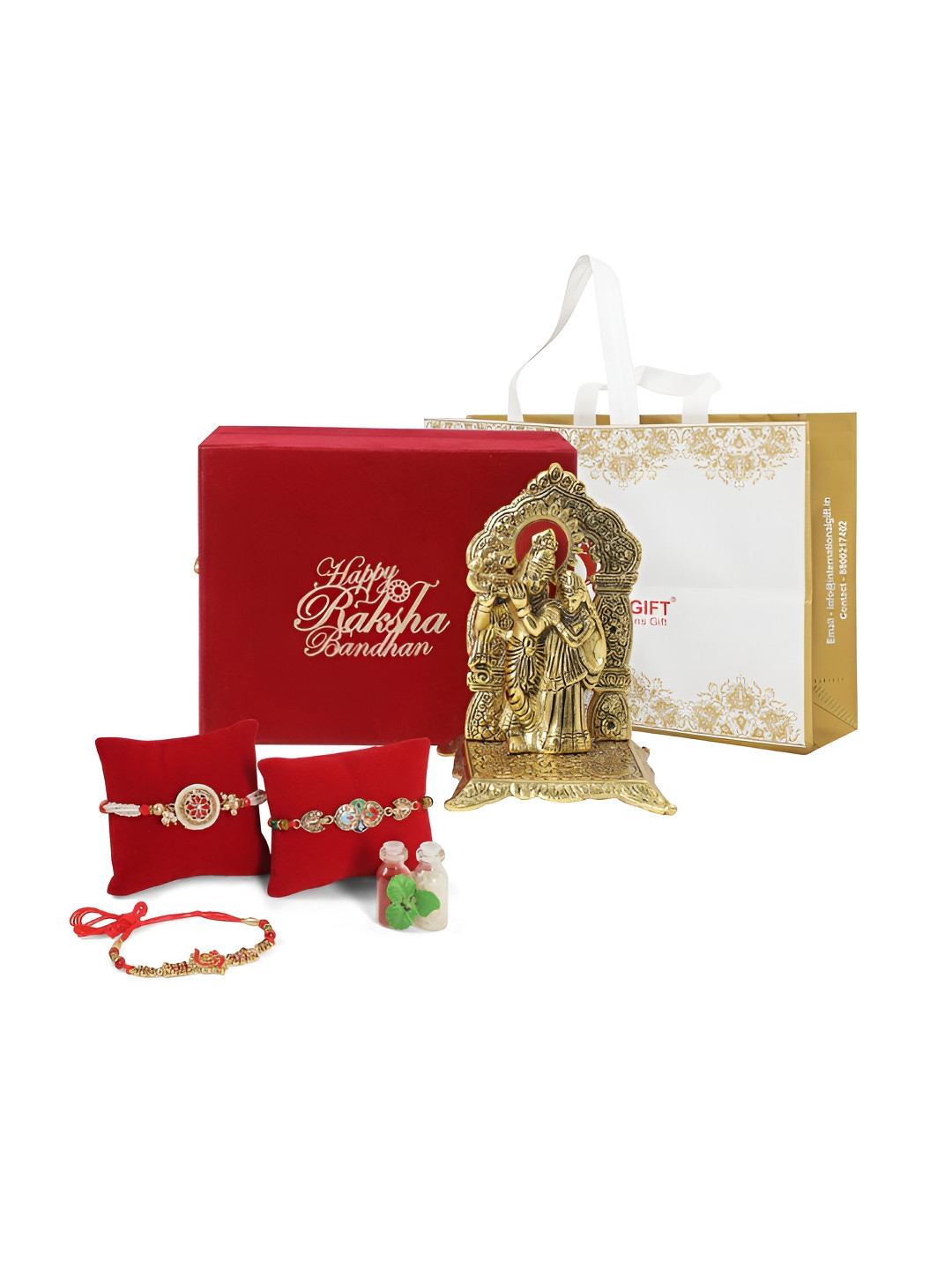 INTERNATIONAL GIFT Set Of 3 Rakhis With Golden Shree Radha Krishna Chowki Statue Showpiece
