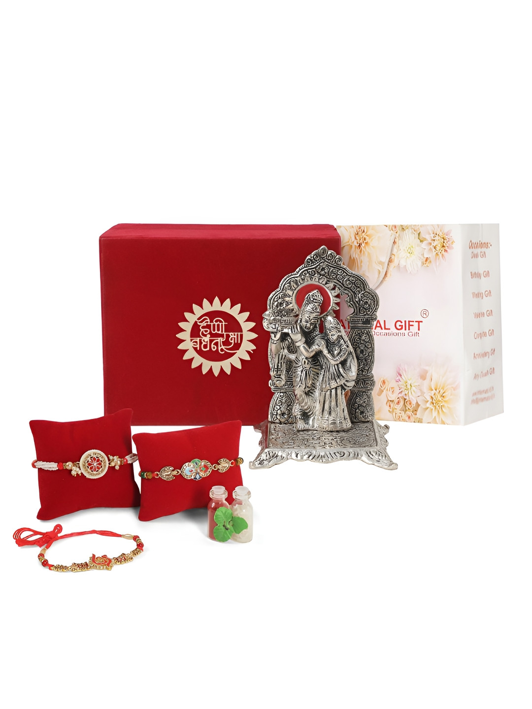 INTERNATIONAL GIFT Set Of 3 Rakhis With Shree Radha Krishna Statue Showpiece