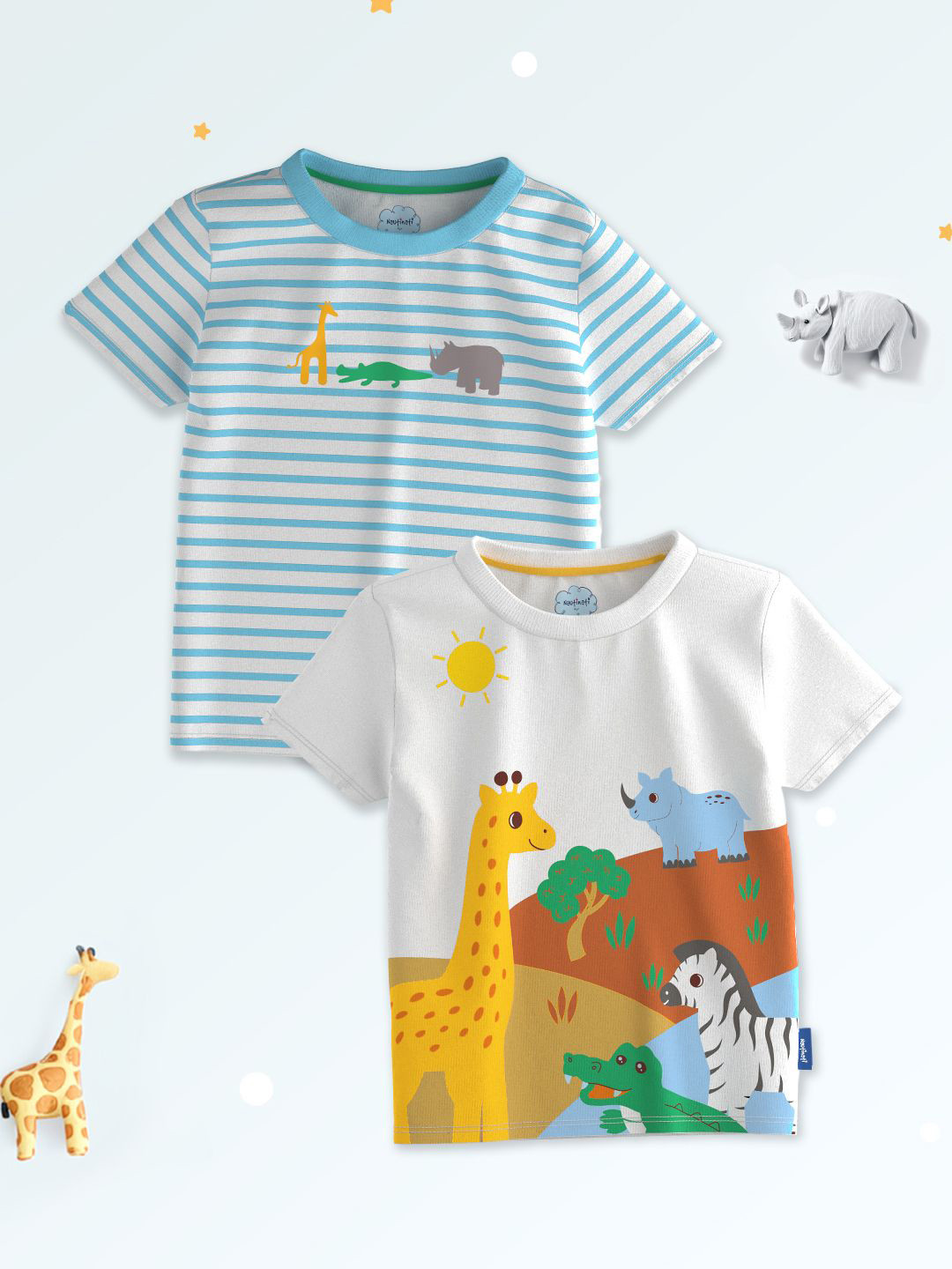 Nauti Nati Boys Pack Of 2 Antimicrobial Animal Printed Round Neck Cotton Slim Fit T-Shirt