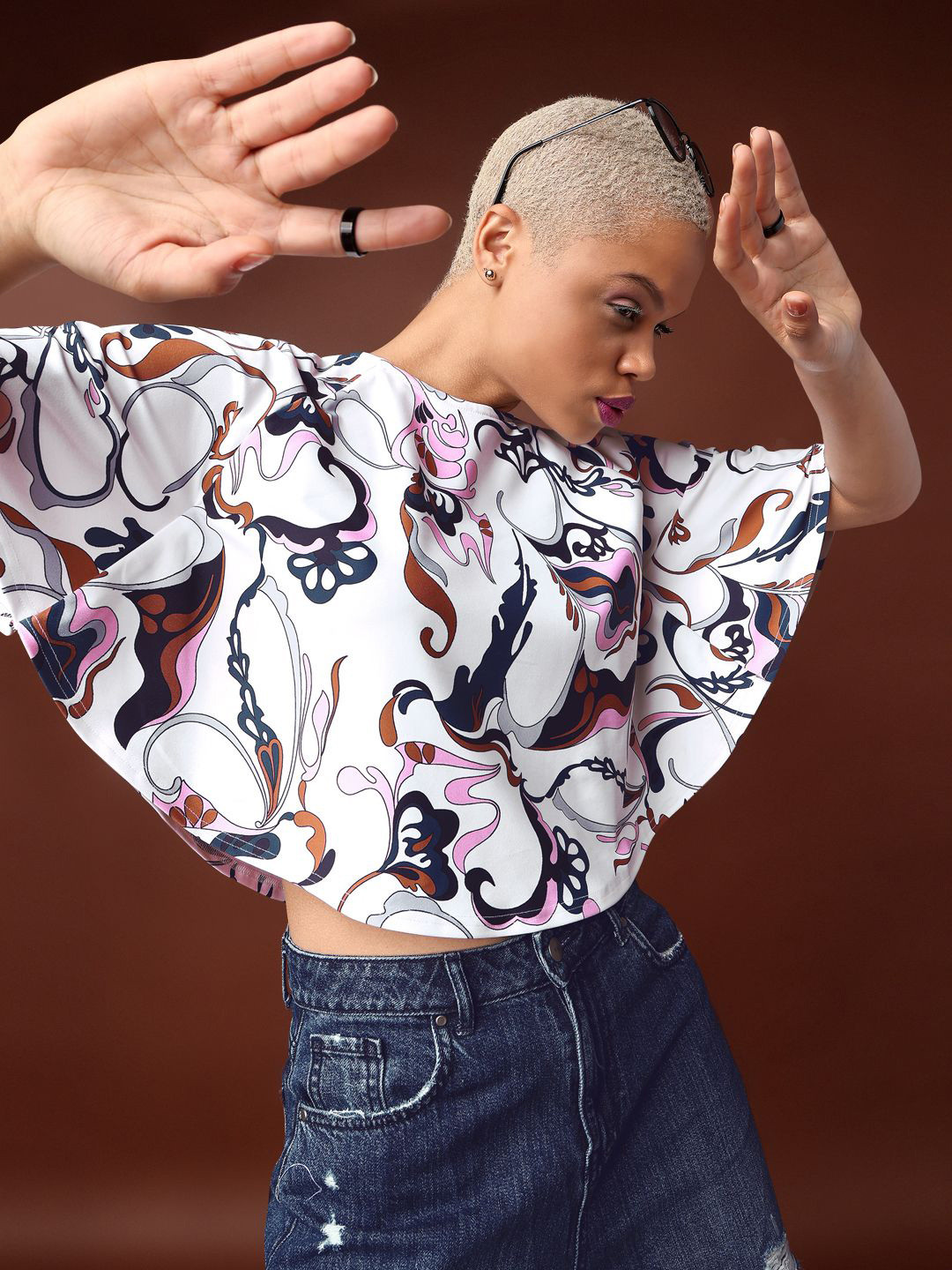 PURVAJA Print Kimono Sleeve Styled Back Top