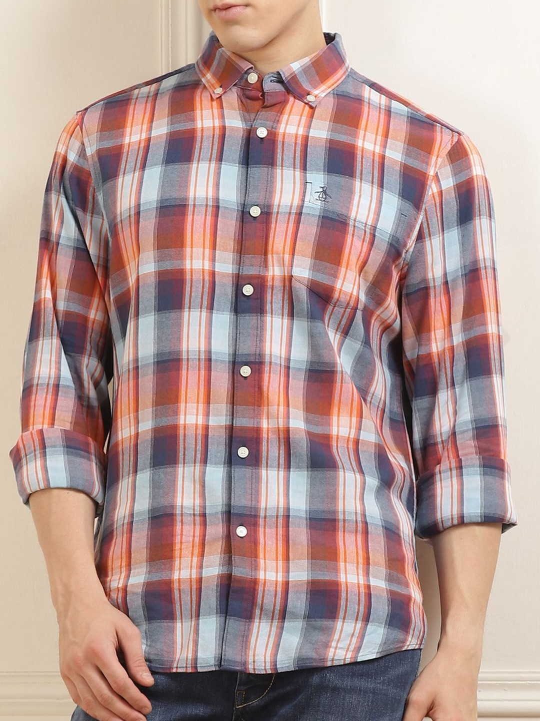 Original Penguin Men Slim Fit Tartan Checks Opaque Checked Casual Shirt