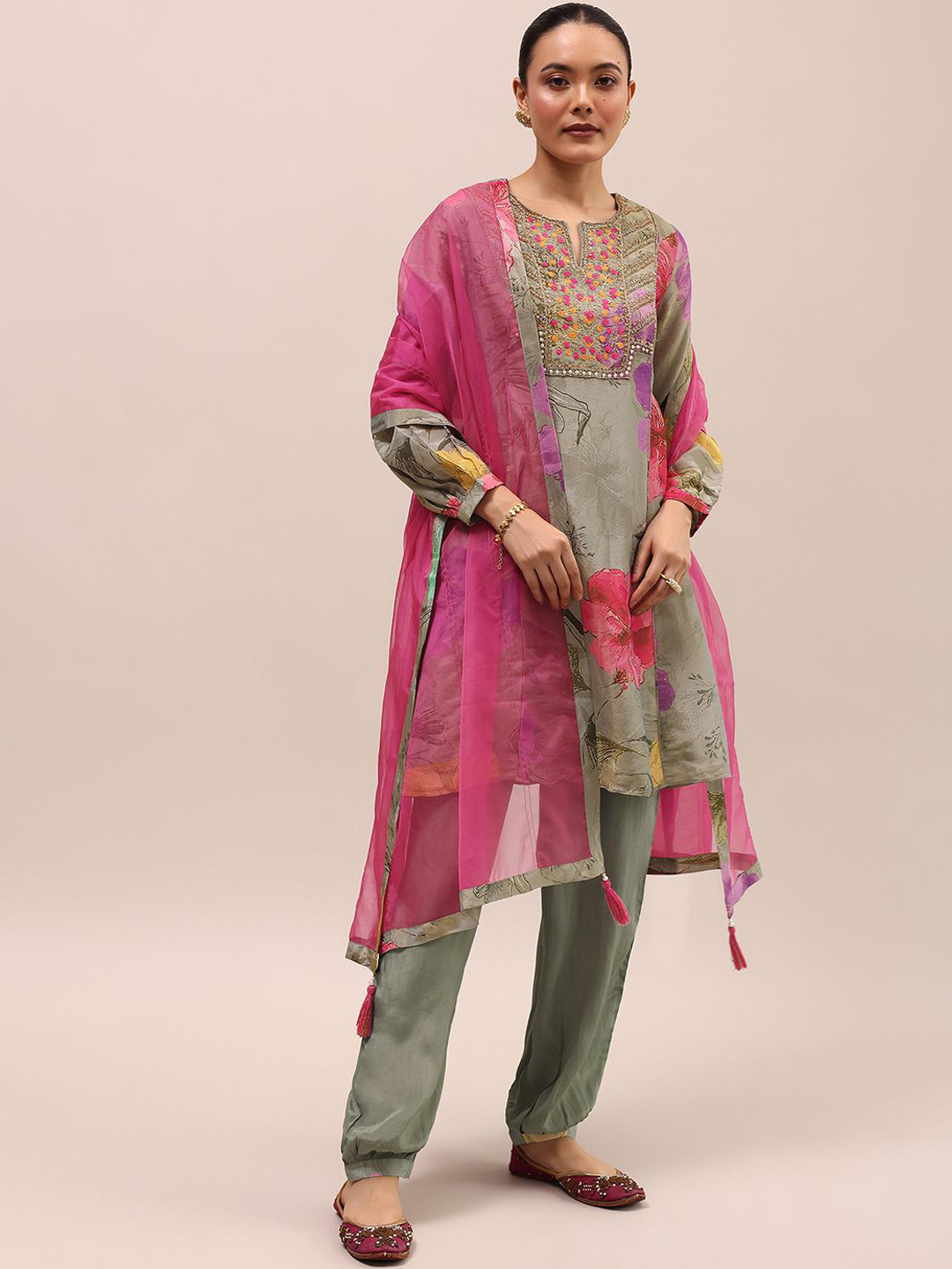 KALKI Fashion Floral Printed A-Line Thread Work Kurta with Salwar & Dupatta