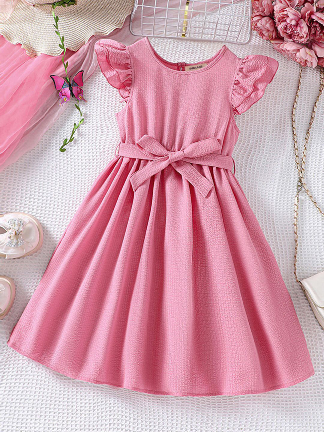INCLUD Solid Striped Flutter Sleeve Fit & Flare Dress