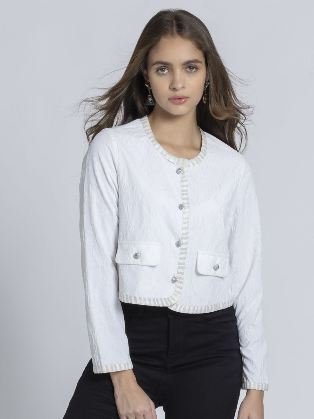 SHAYE Women Solid Crop Patchwork Jacket