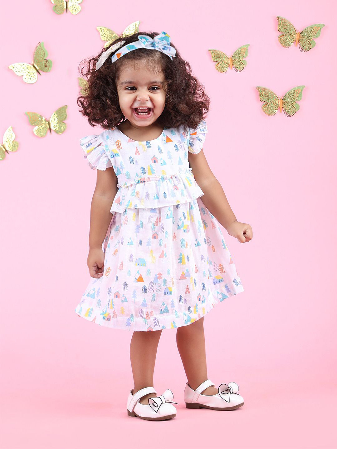 Polka Tots Girls Cotton Floral Print Flutter Sleeve Fit & Flare Dress