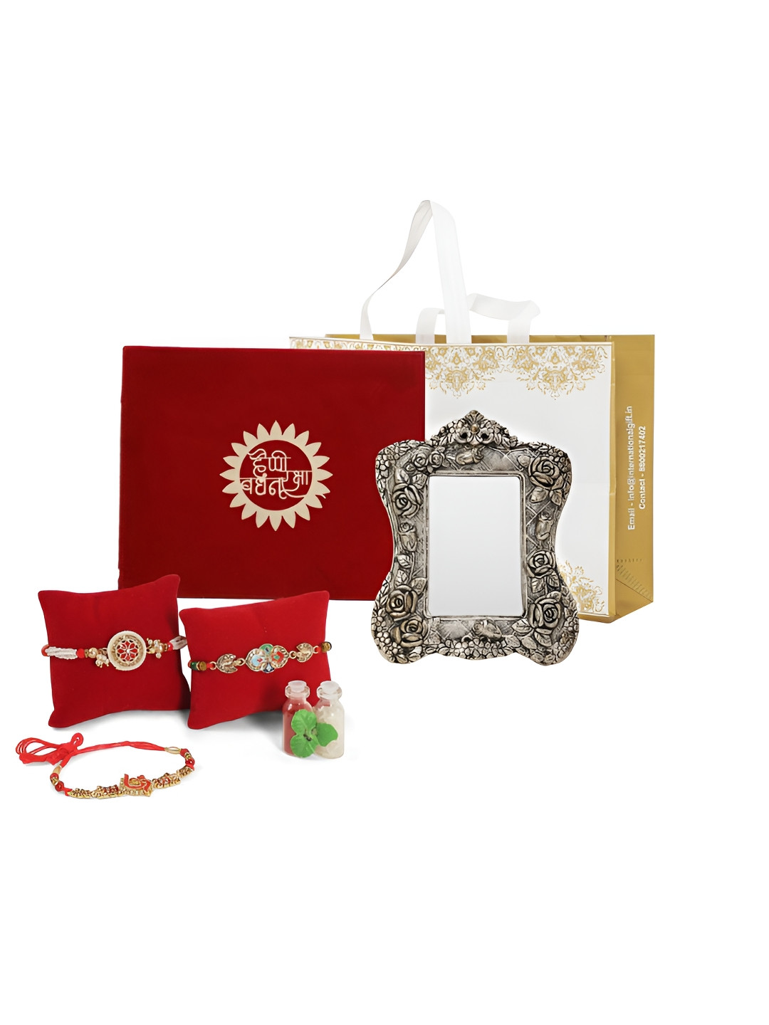INTERNATIONAL GIFT Silver Toned 3 Pcs Rakhi With Photo Frame Idol & Roli Chawal