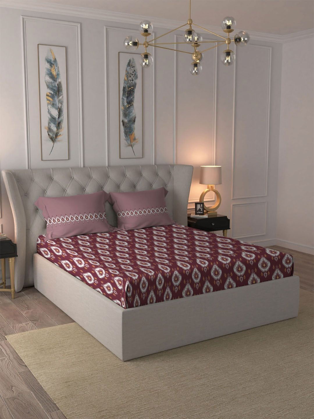 MYTRIDENT Comfort Living Collection Maroon Ethnic Motifs Cotton 120 TC Queen Bedsheet with 2 Pillow Covers-90 x 100 inches