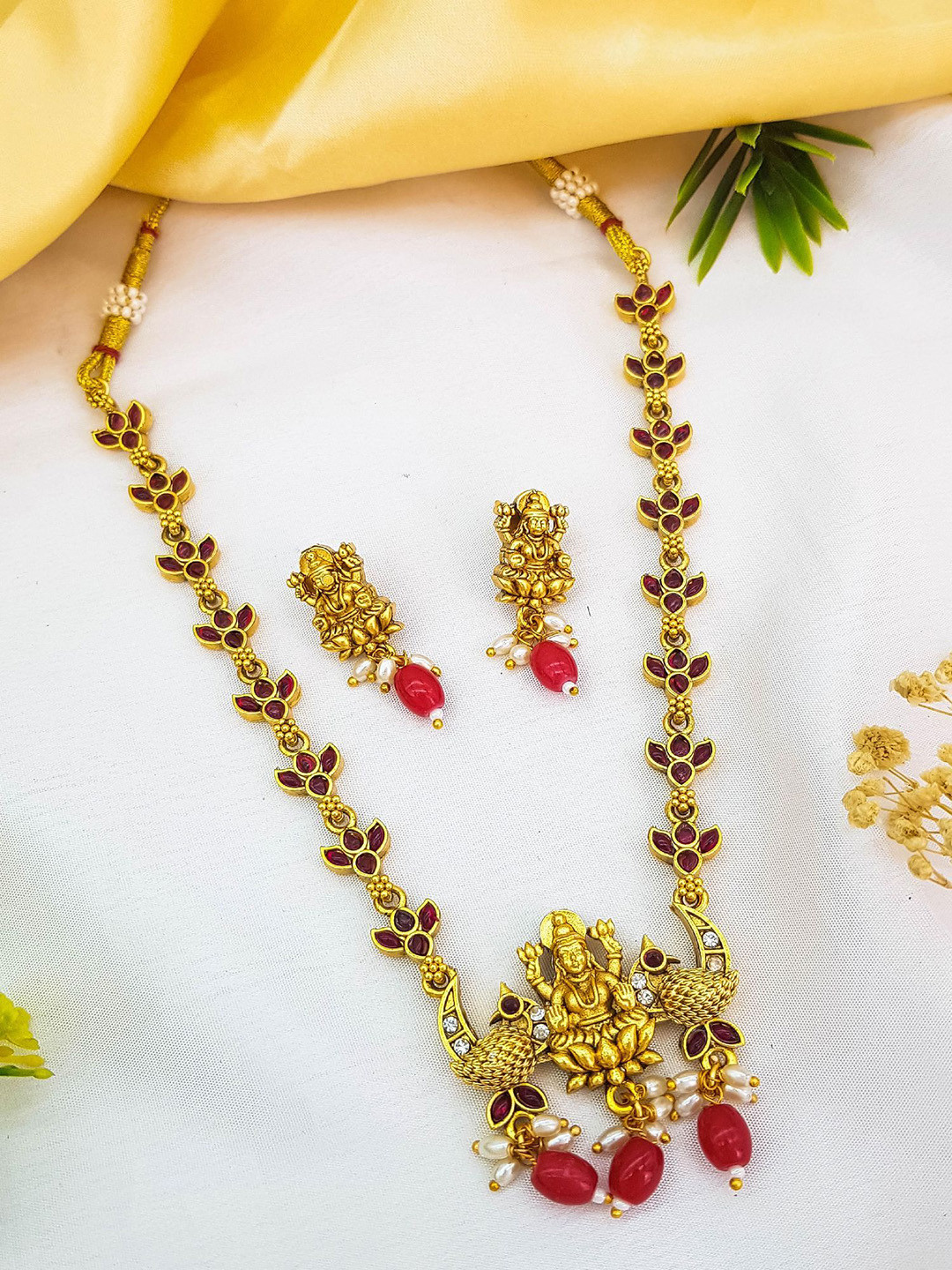 GRIIHAM Gold-Plated American Diamond Studded & Beaded Laxmi Design Necklace and Earrings