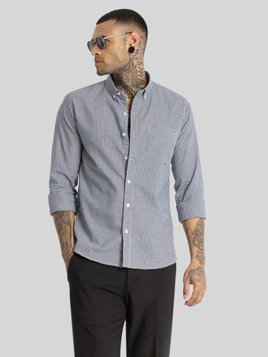 Snitch Men Smart Button-Down Collar Micro Checked Cotton Slim Fit Casual Shirt