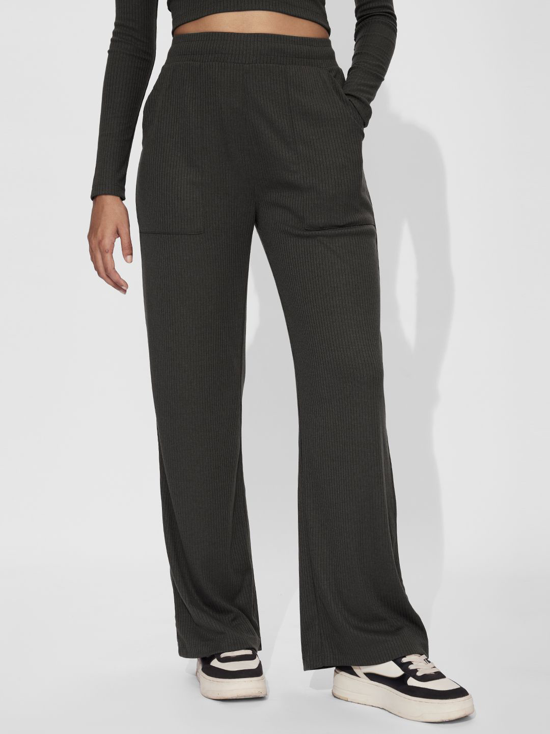 The Souled Store  Women Mid-Rise Loose Fit Ribbed Trousers