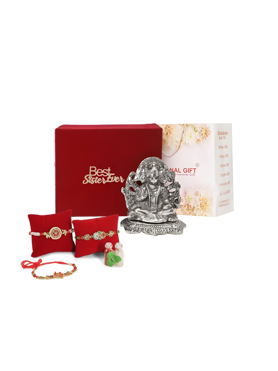 INTERNATIONAL GIFT Silver Toned 3 Pcs Thread Rakhi With Roli Chawal & Panchmukhi Hanuman