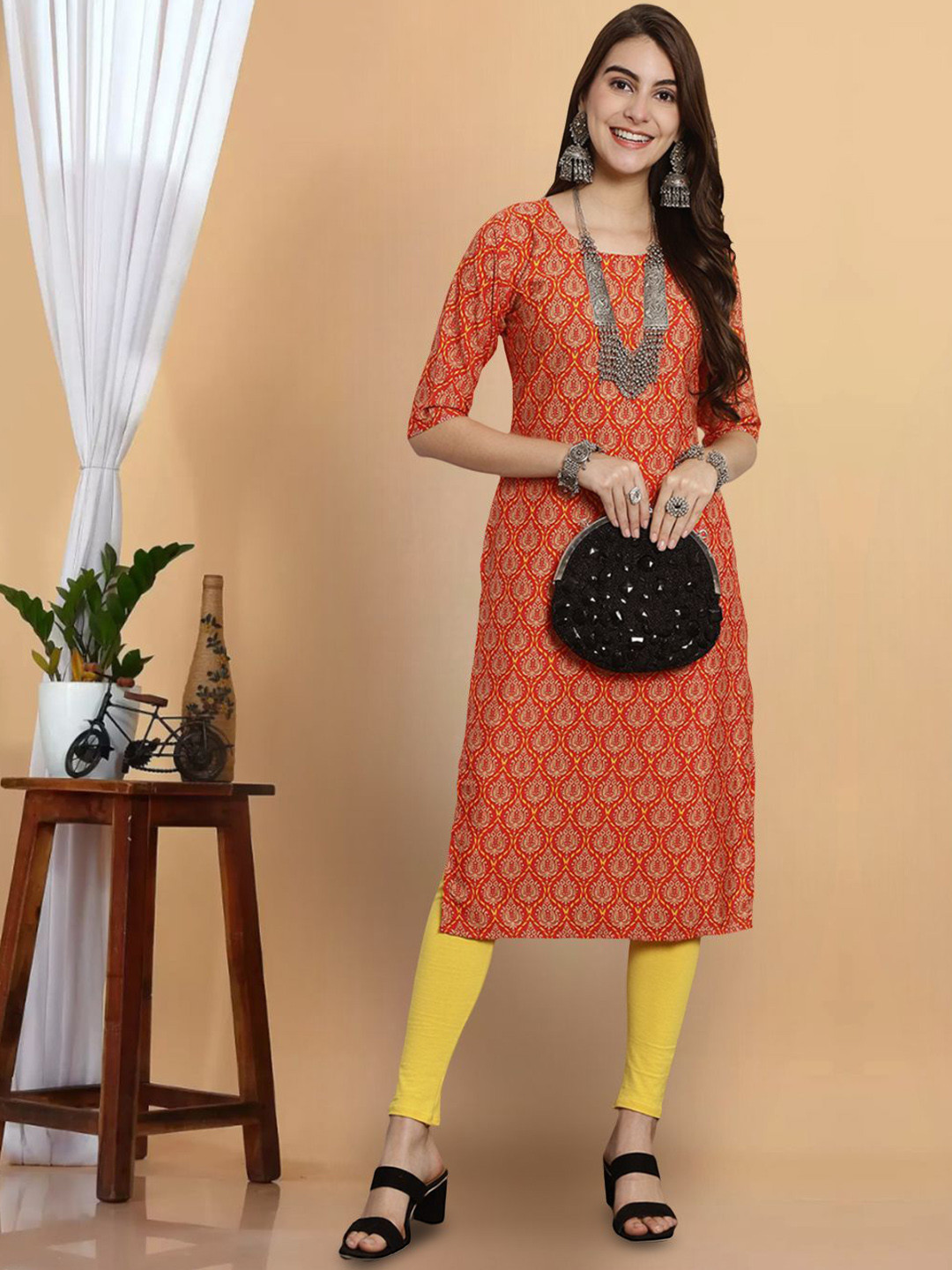 7Threads Ethnic Motifs Printed Round Neck Crepe Straight Kutra