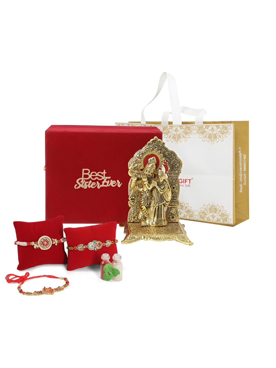 INTERNATIONAL GIFT Set Of 3 Rakhis With Shree Radha Krishna Statue Showpiece
