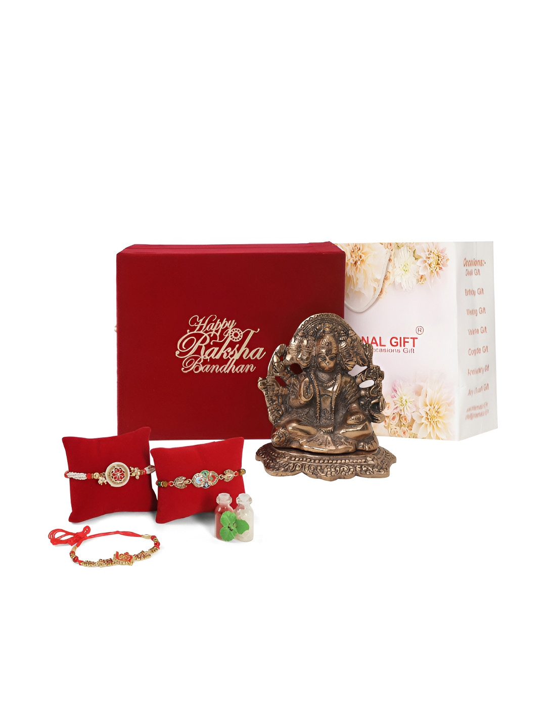 INTERNATIONAL GIFT Gold Toned 3 Pcs Rakhi With Panchmukhi Hanuman God Idol & Roli Chawal