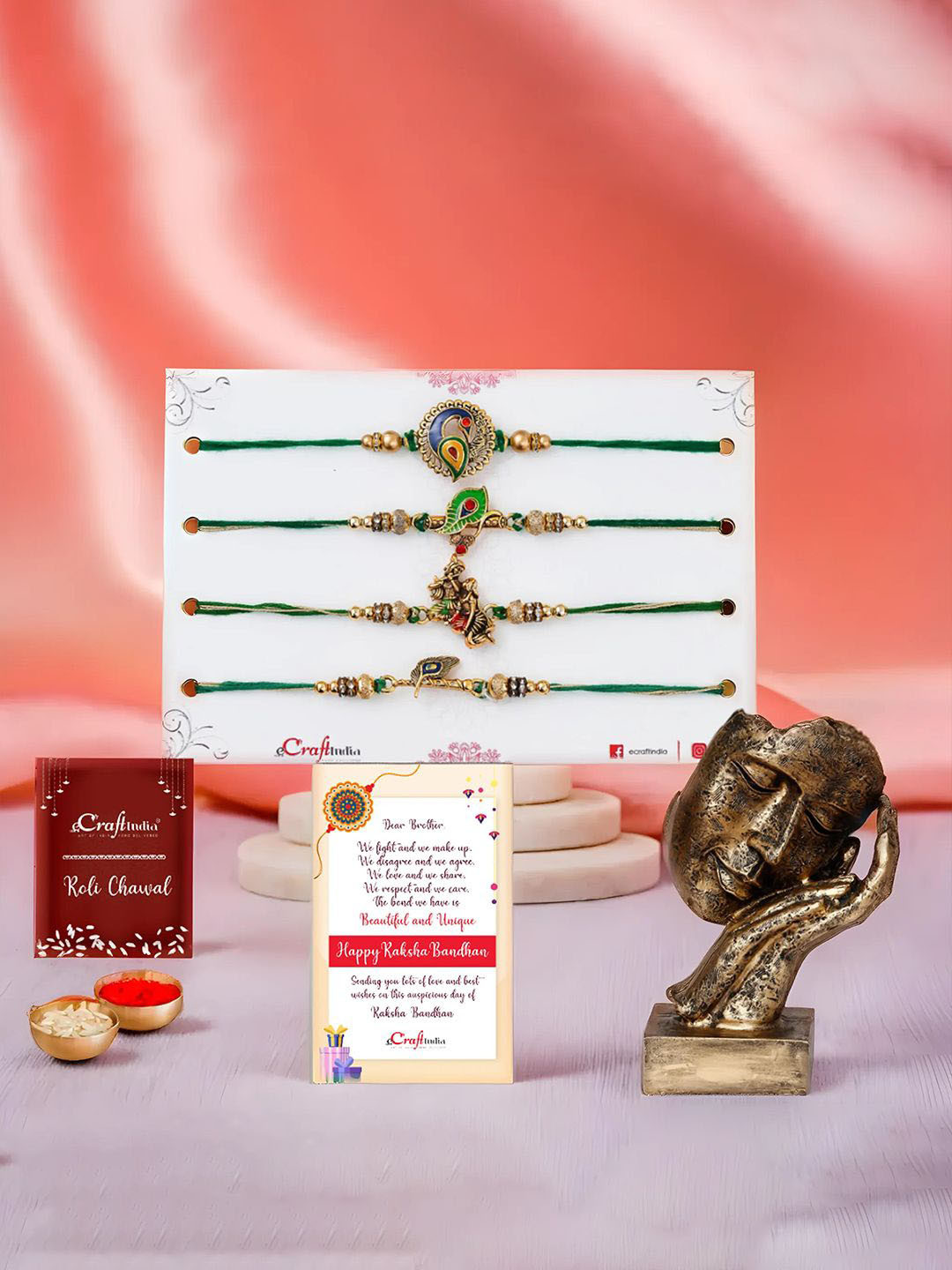 eCraftIndia Set Of 4 Radha Krishna & Peacock Rakhis With Human Face Statue Showpiece