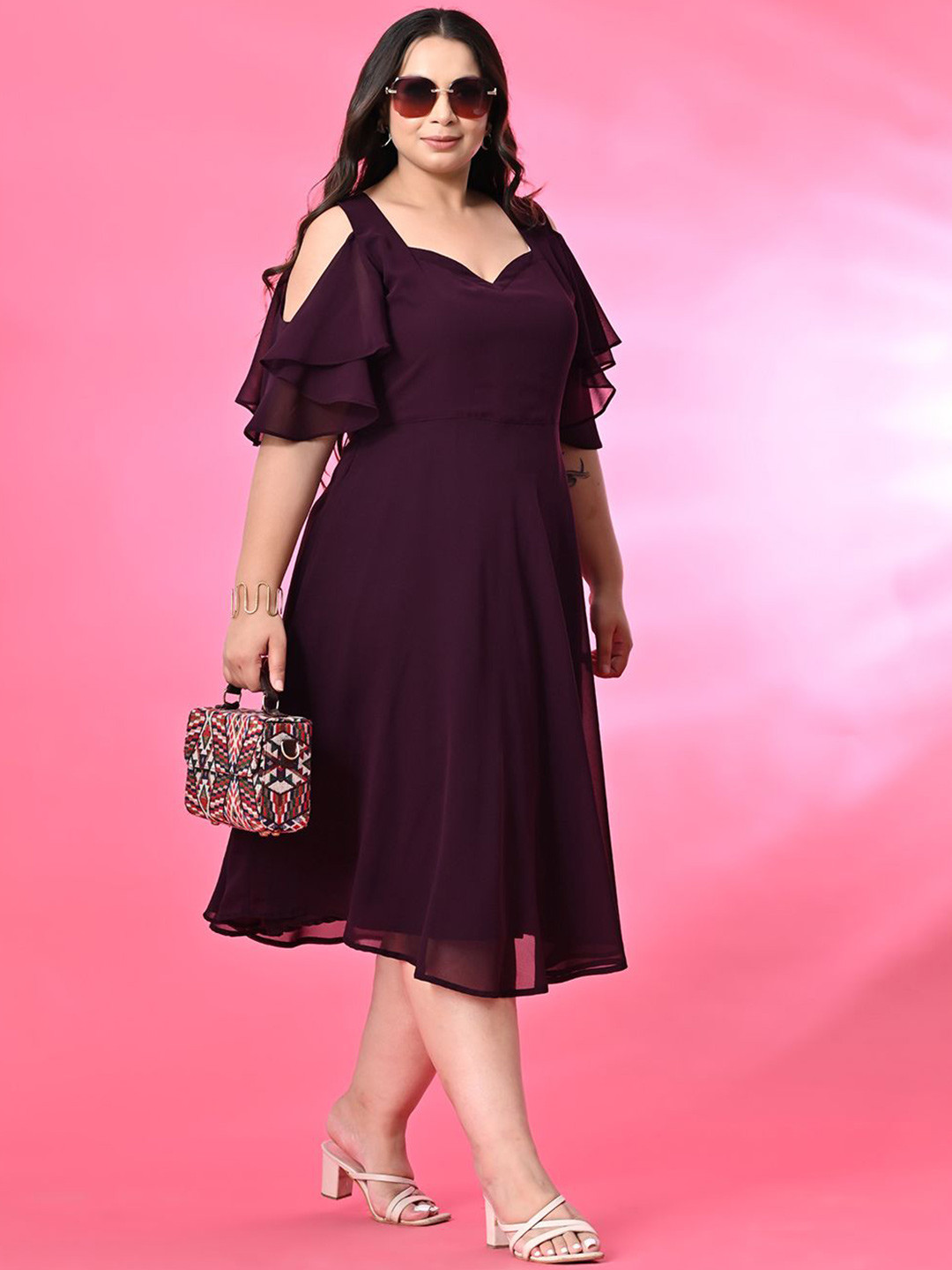 PrettyPlus by Desinoor.com Cold-Shoulder Georgette Fit & Flare Dress