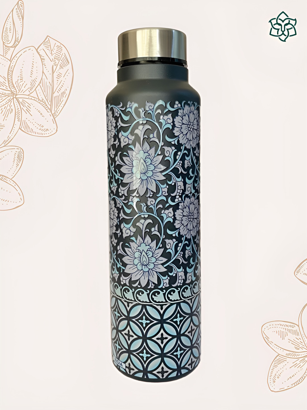 MAATIR DESIGNS Black Floral Stainless Steel Single Wall Vacuum Water Bottle - 950ml