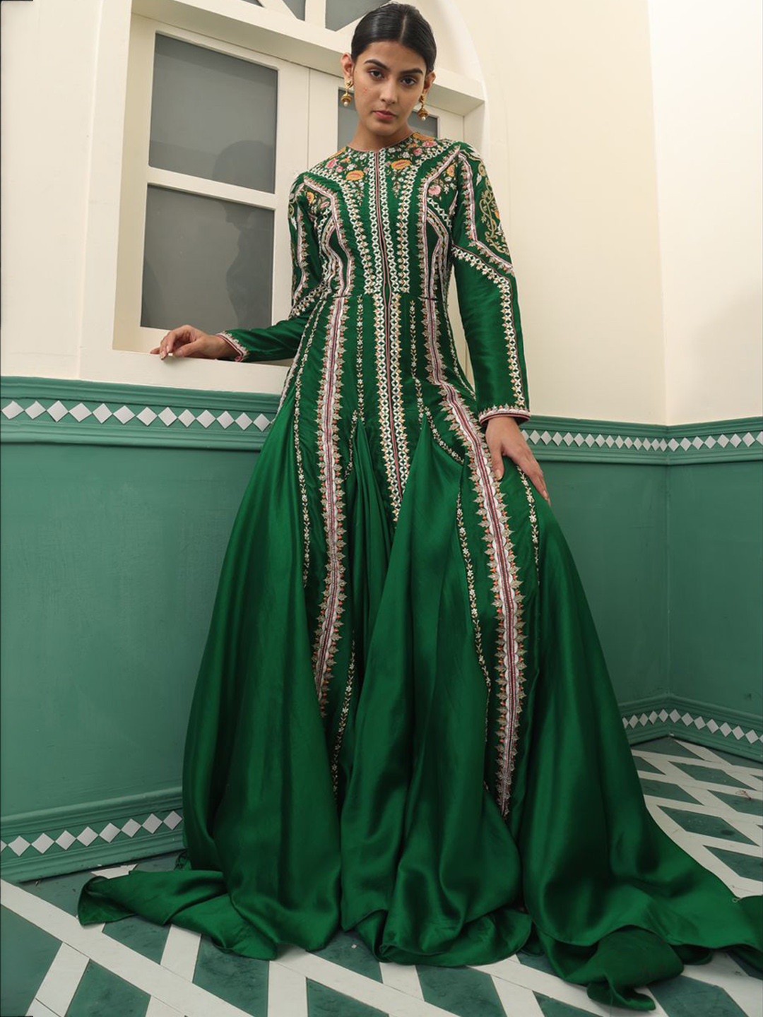 SAMANT CHAUHAN Floral Embroidered Chanderi Silk Maxi Ethnic Dress