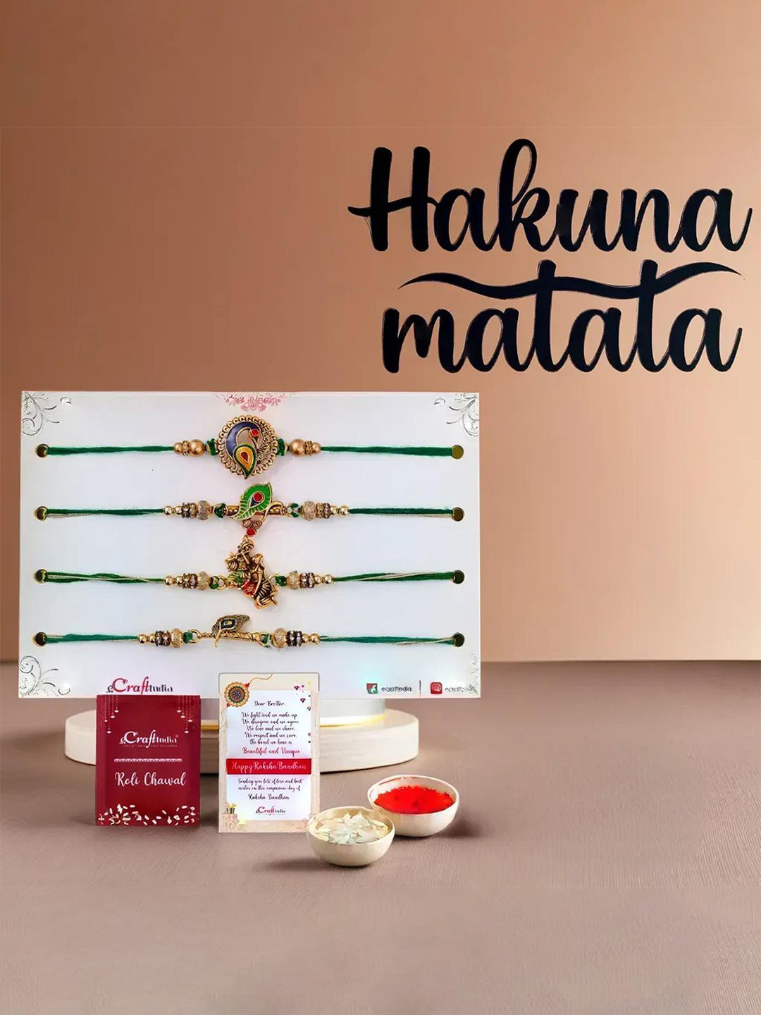 eCraftIndia Set of 4 Rakhi Card Hakuna Matata Wooden Cutout Wall Art & Roli Chawal