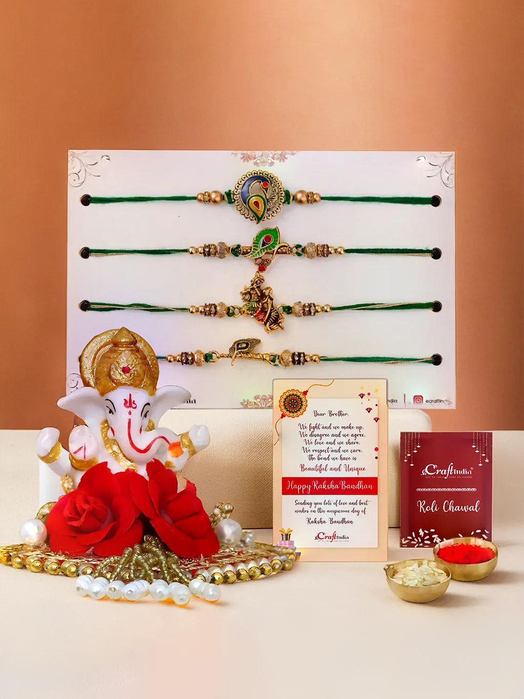 eCraftIndia Set of 5 Beaded Rakhis With Ganesha Idol on Decorative Plate