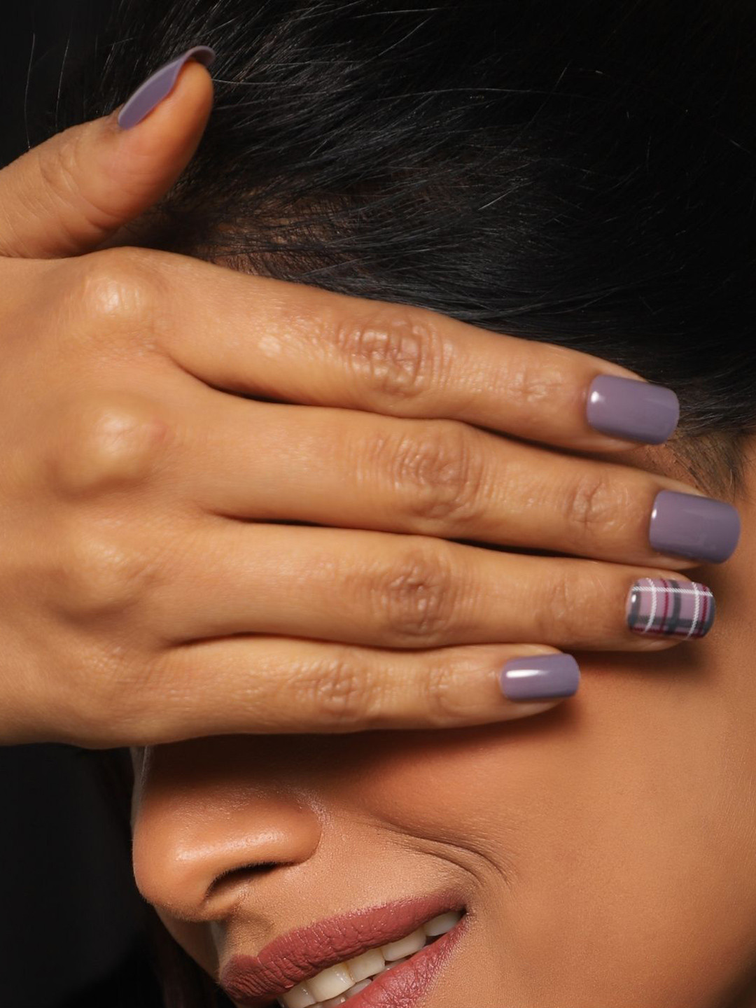 LICK 30 Pcs Glossy Check Pattern Fake Artificial Press On Nails - Purple
